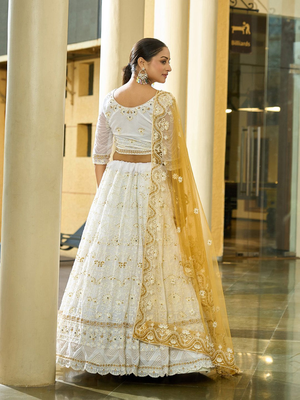 White & Mustard Yellow Zari, Thread & Mirror Work Wedding Wear Semi-Stitched Lehenga Choli with Heavy Embroidered Dupatta