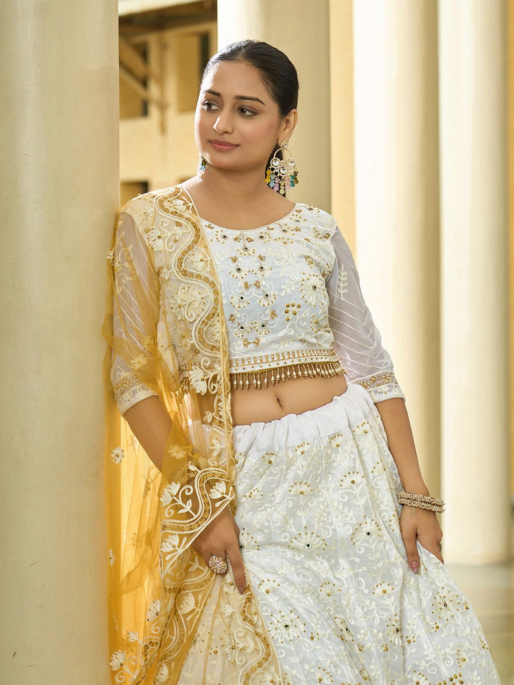 White & Mustard Yellow Zari, Thread & Mirror Work Wedding Wear Semi-Stitched Lehenga Choli with Heavy Embroidered Dupatta