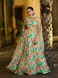 Mint Green Floral Printed with Digital Print Work for Festive & Mehendi Occasion Semi-Stitched Lehenga Set