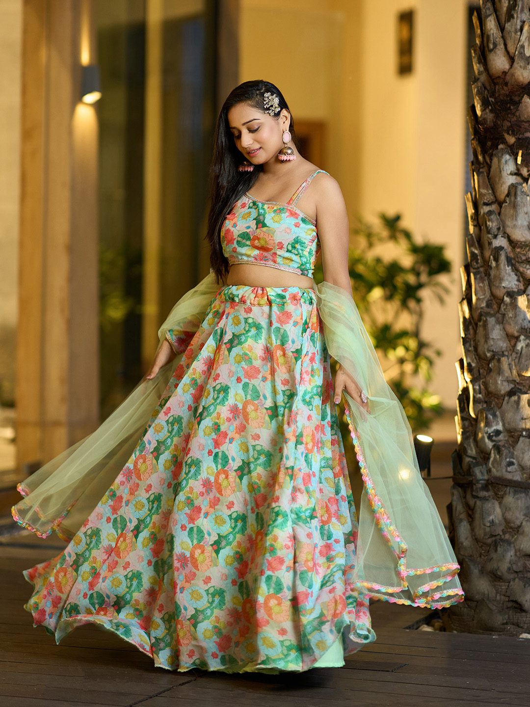 Mint Green Floral Printed with Digital Print Work for Festive & Mehendi Occasion Semi-Stitched Lehenga Set
