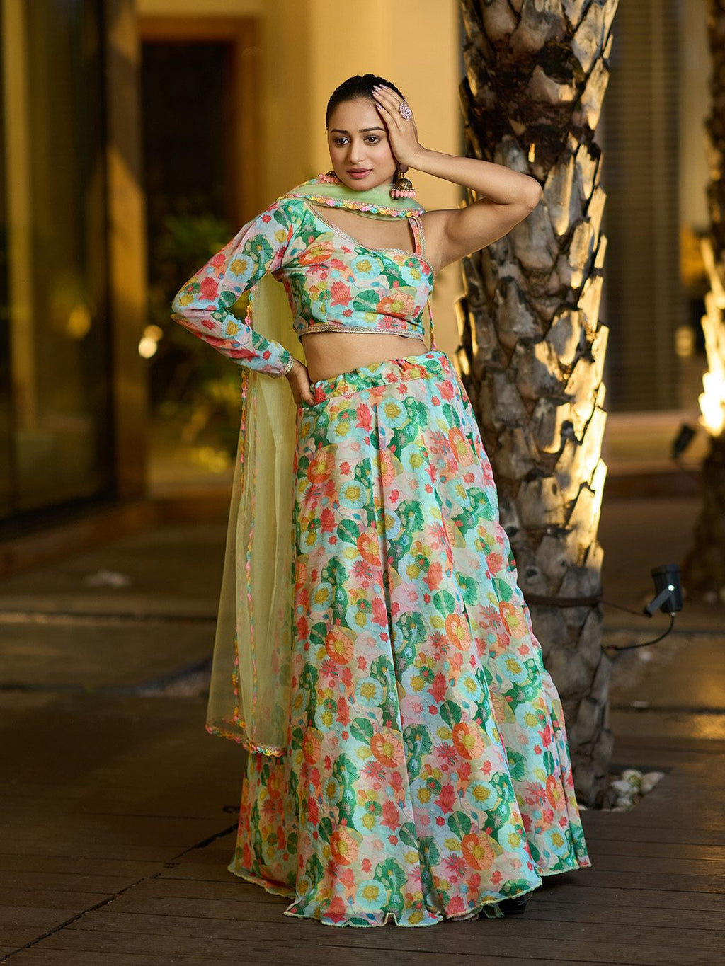 Mint Green Floral Printed with Digital Print Work for Festive & Mehendi Occasion Semi-Stitched Lehenga Set