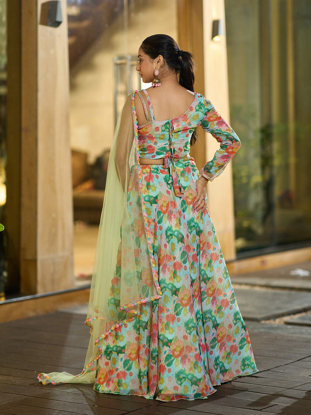 Mint Green Floral Printed with Digital Print Work for Festive & Mehendi Occasion Semi-Stitched Lehenga Set