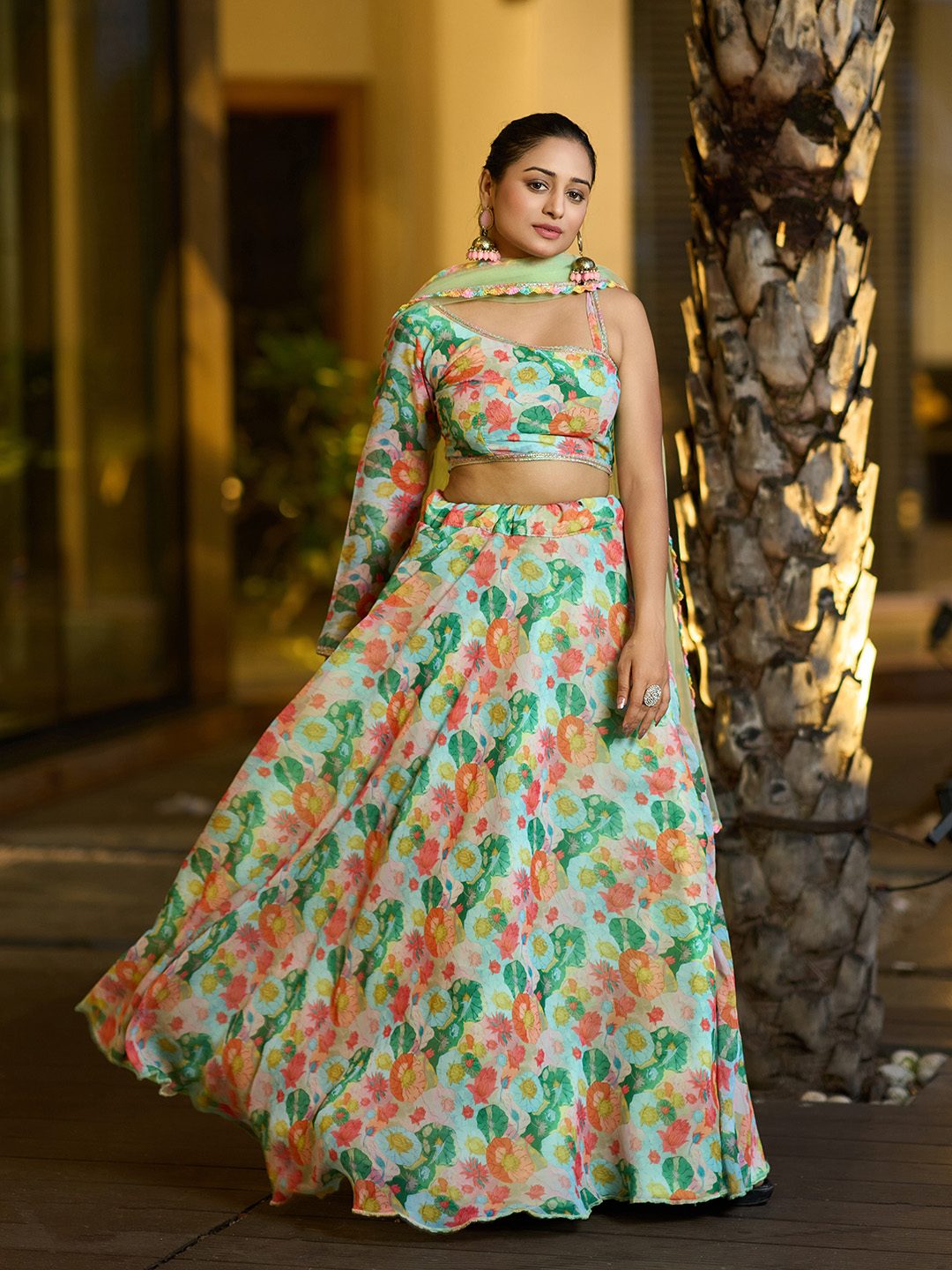 Mint Green Floral Printed with Digital Print Work for Festive & Mehendi Occasion Semi-Stitched Lehenga Set