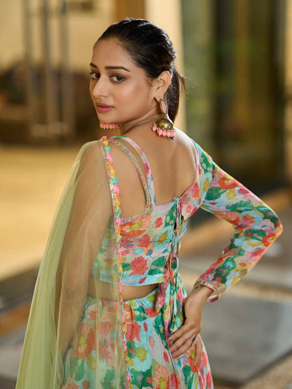 Mint Green Floral Printed with Digital Print Work for Festive & Mehendi Occasion Semi-Stitched Lehenga Set