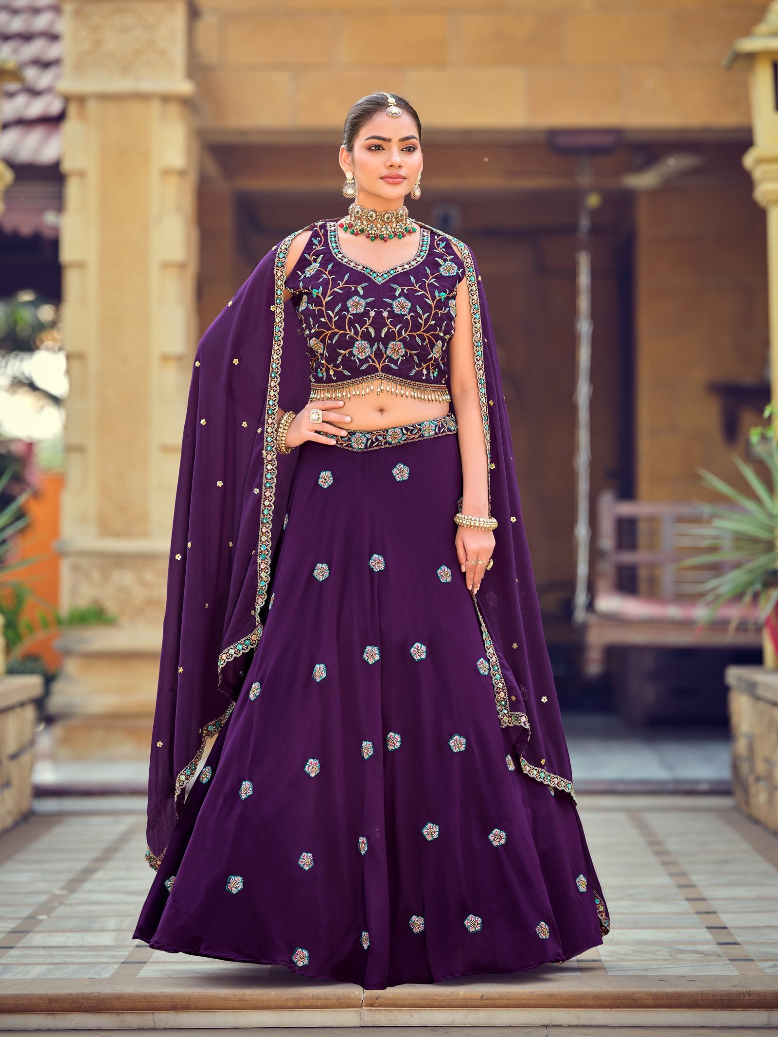 Royal Purple Floral Zari & Thread Embroidered Wedding Wear Semi-Stitched Georgette Lehenga Choli with Heavy Dupatta Border