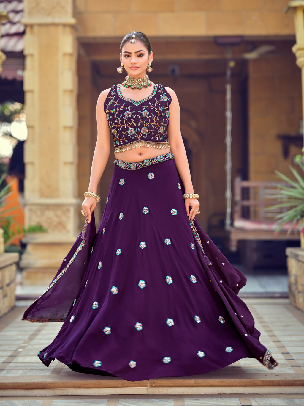 Royal Purple Floral Zari & Thread Embroidered Wedding Wear Semi-Stitched Georgette Lehenga Choli with Heavy Dupatta Border