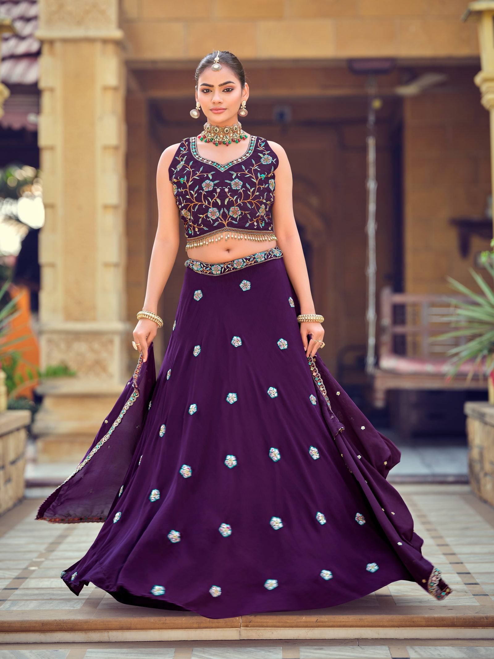 Royal Purple Floral Zari & Thread Embroidered Wedding Wear Semi-Stitched Georgette Lehenga Choli with Heavy Dupatta Border