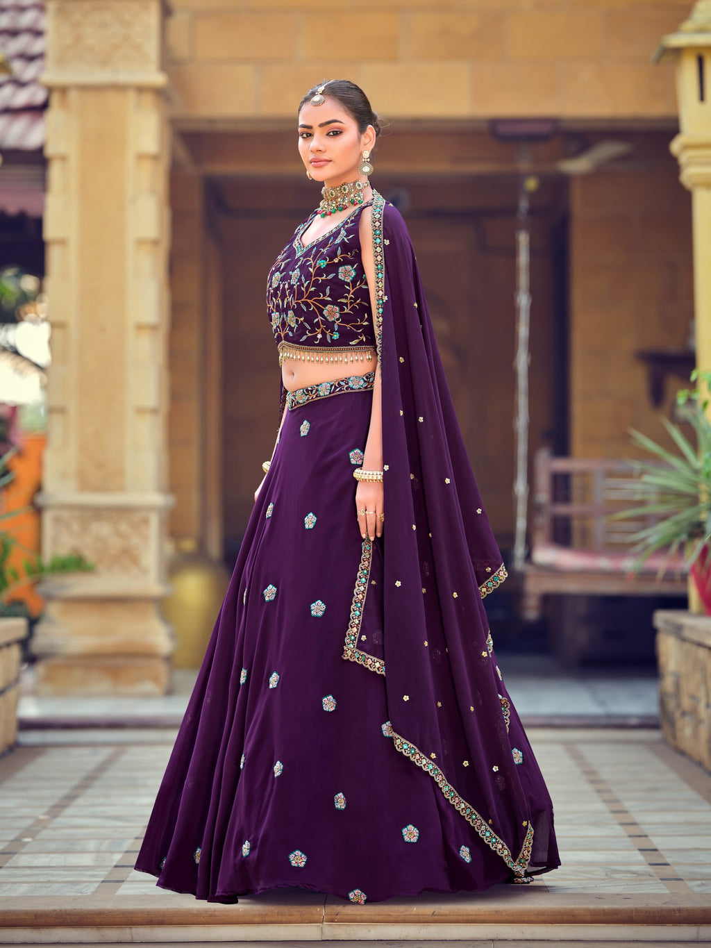Royal Purple Floral Zari & Thread Embroidered Wedding Wear Semi-Stitched Georgette Lehenga Choli with Heavy Dupatta Border