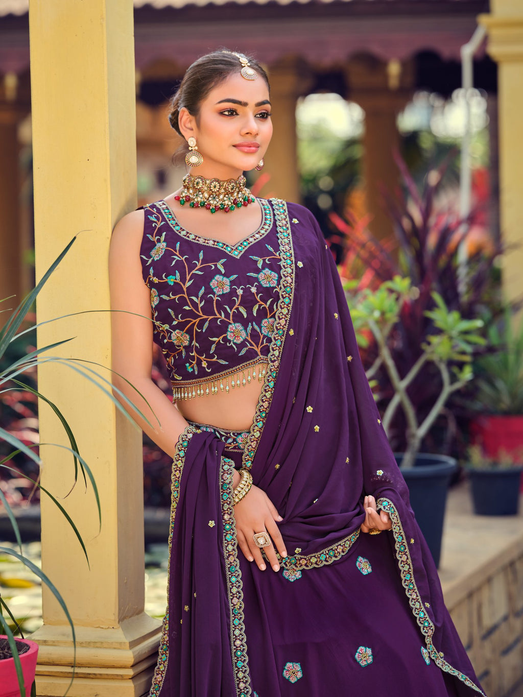 Royal Purple Floral Zari & Thread Embroidered Wedding Wear Semi-Stitched Georgette Lehenga Choli with Heavy Dupatta Border