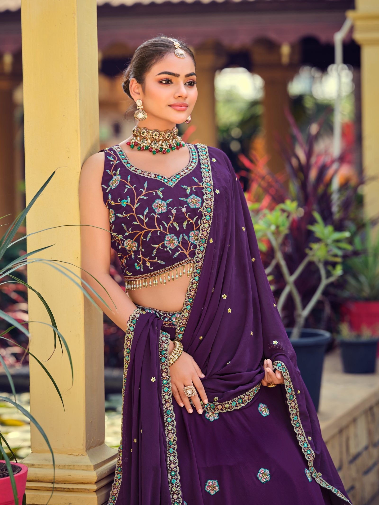 Royal Purple Floral Zari & Thread Embroidered Wedding Wear Semi-Stitched Georgette Lehenga Choli with Heavy Dupatta Border