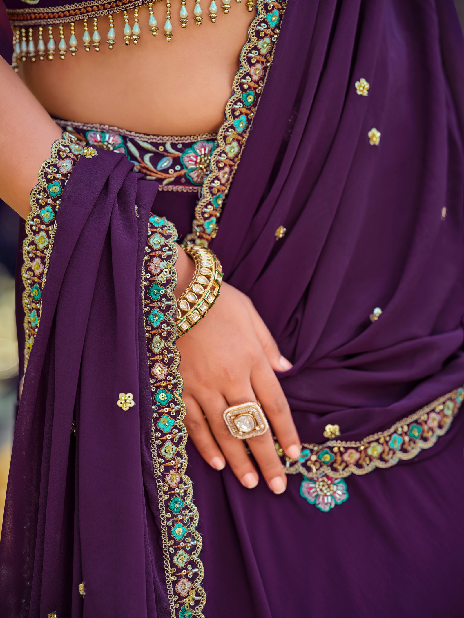 Royal Purple Floral Zari & Thread Embroidered Wedding Wear Semi-Stitched Georgette Lehenga Choli with Heavy Dupatta Border