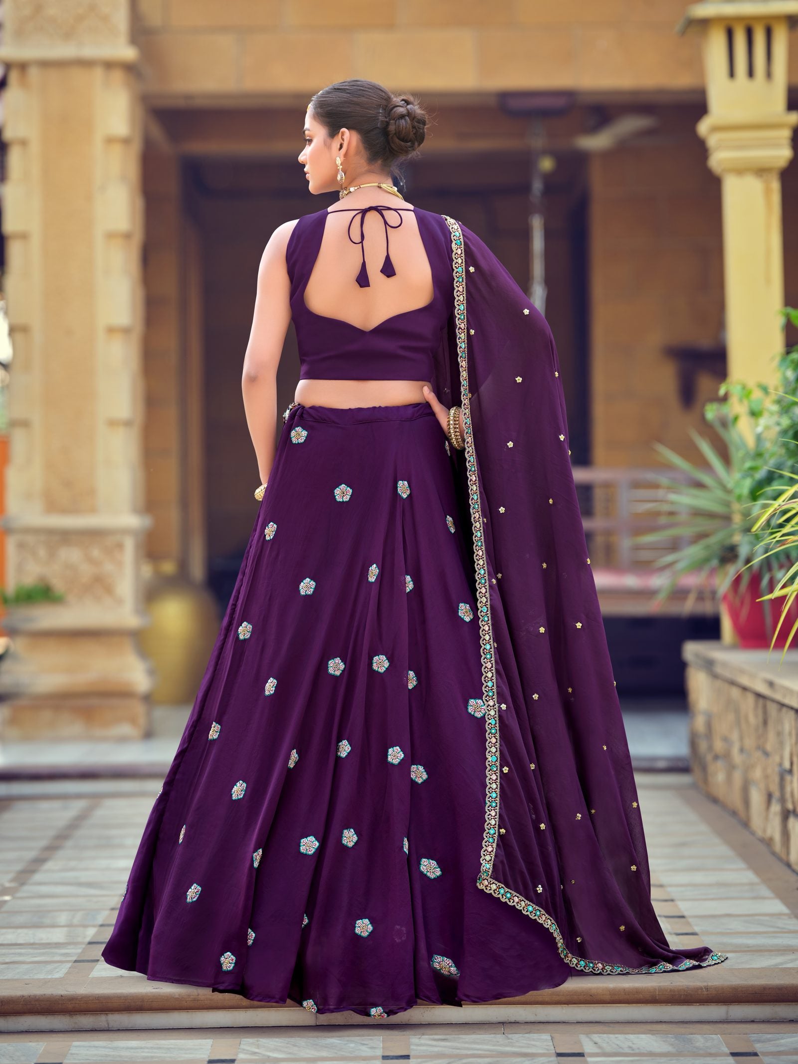 Royal Purple Floral Zari & Thread Embroidered Wedding Wear Semi-Stitched Georgette Lehenga Choli with Heavy Dupatta Border