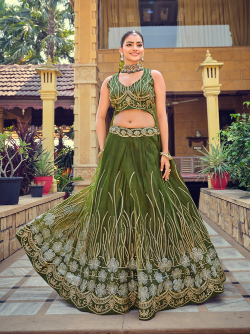 Dark Green Zari & Thread Embroidered Wedding Wear Semi-Stitched Net Lehenga Choli with Heavy Border Work