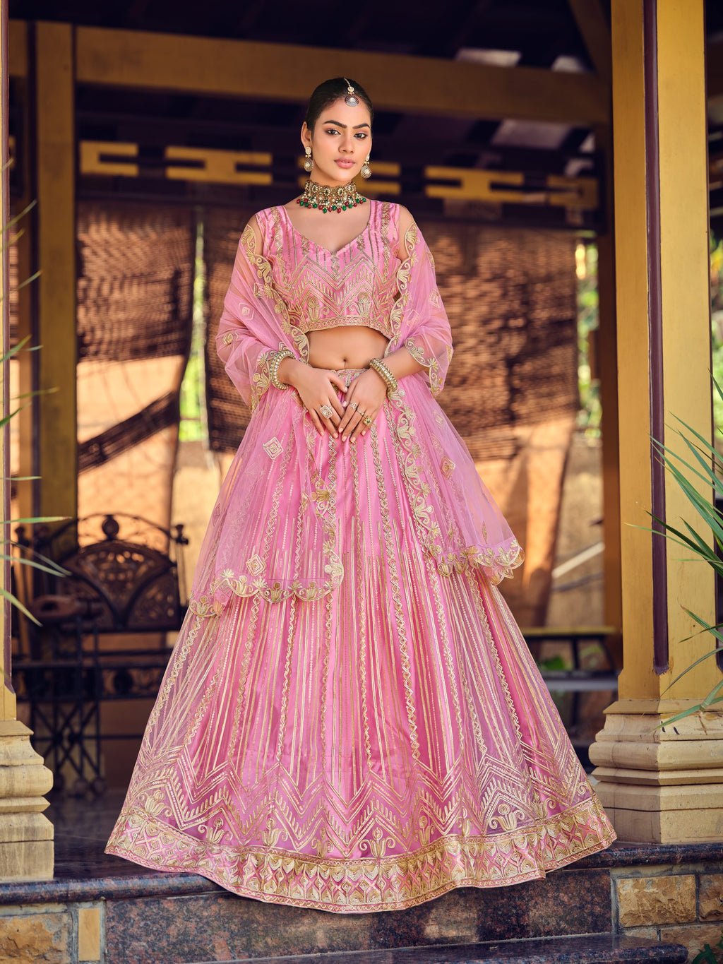 Pink Zari Embroidered Festive & Wedding Wear Semi-Stitched Net Lehenga Choli with Heavy Border Work