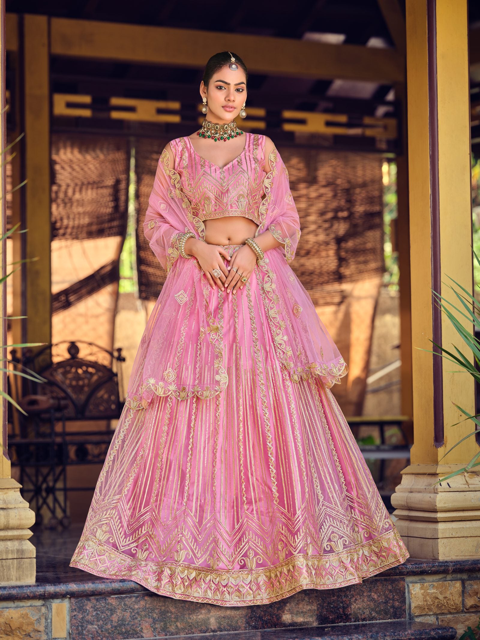 Pink Zari Embroidered Festive & Wedding Wear Semi-Stitched Net Lehenga Choli with Heavy Border Work