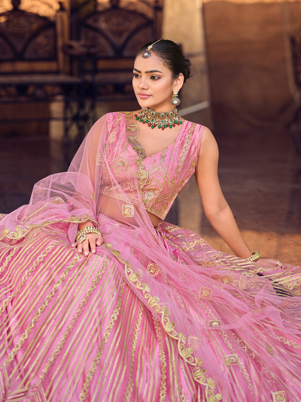 Pink Zari Embroidered Festive & Wedding Wear Semi-Stitched Net Lehenga Choli with Heavy Border Work