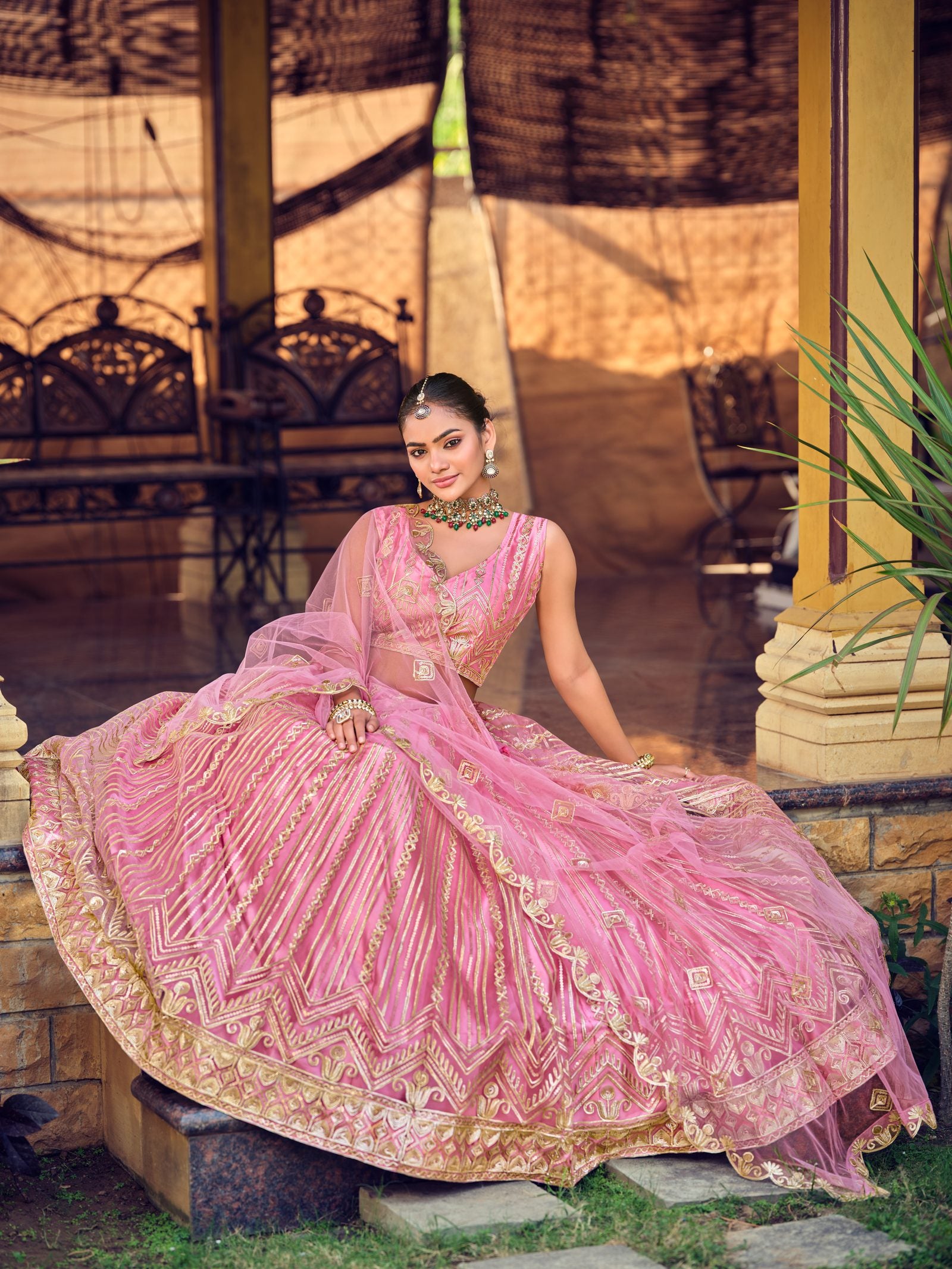 Pink Zari Embroidered Festive & Wedding Wear Semi-Stitched Net Lehenga Choli with Heavy Border Work