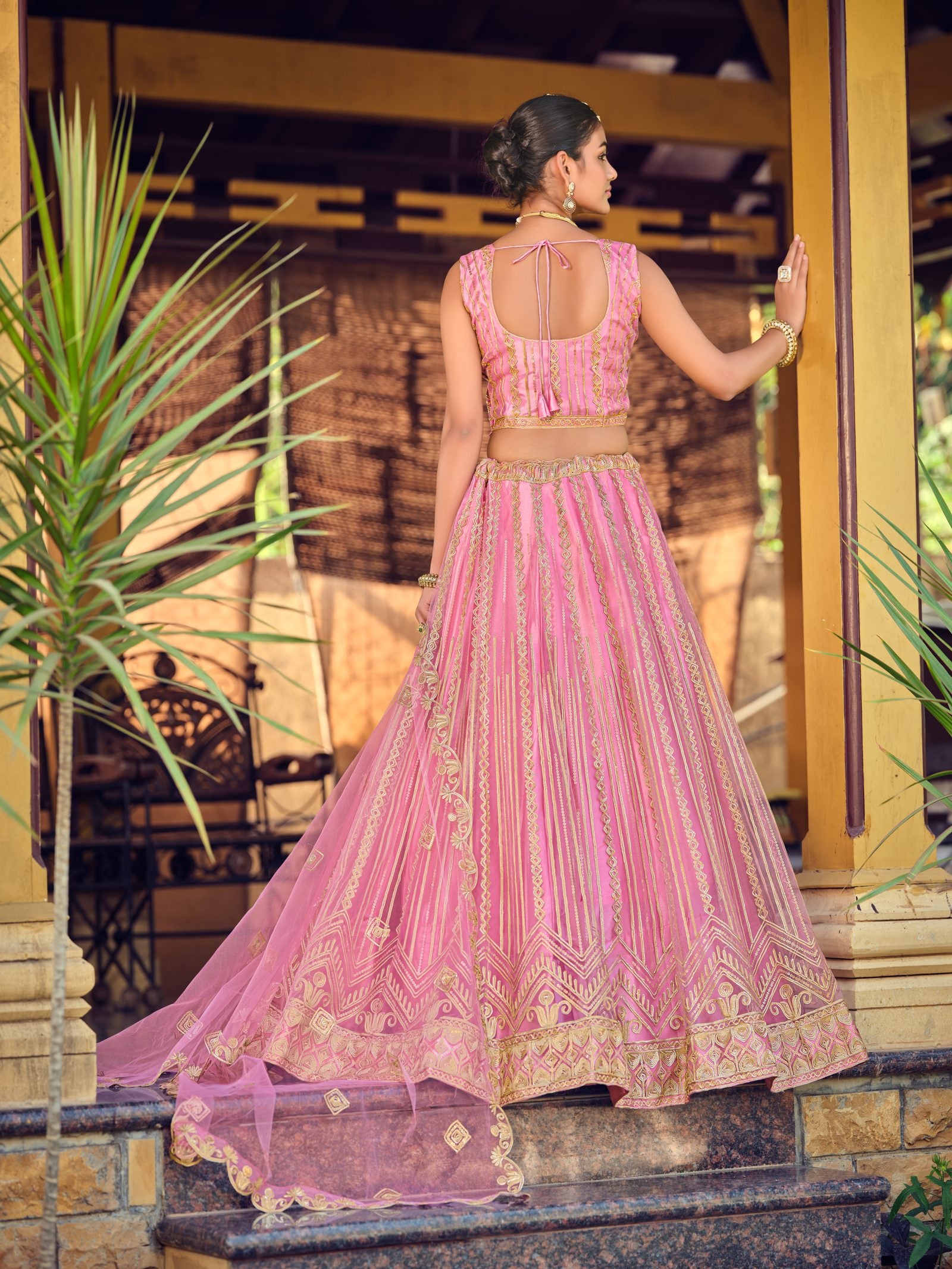 Pink Zari Embroidered Festive & Wedding Wear Semi-Stitched Net Lehenga Choli with Heavy Border Work
