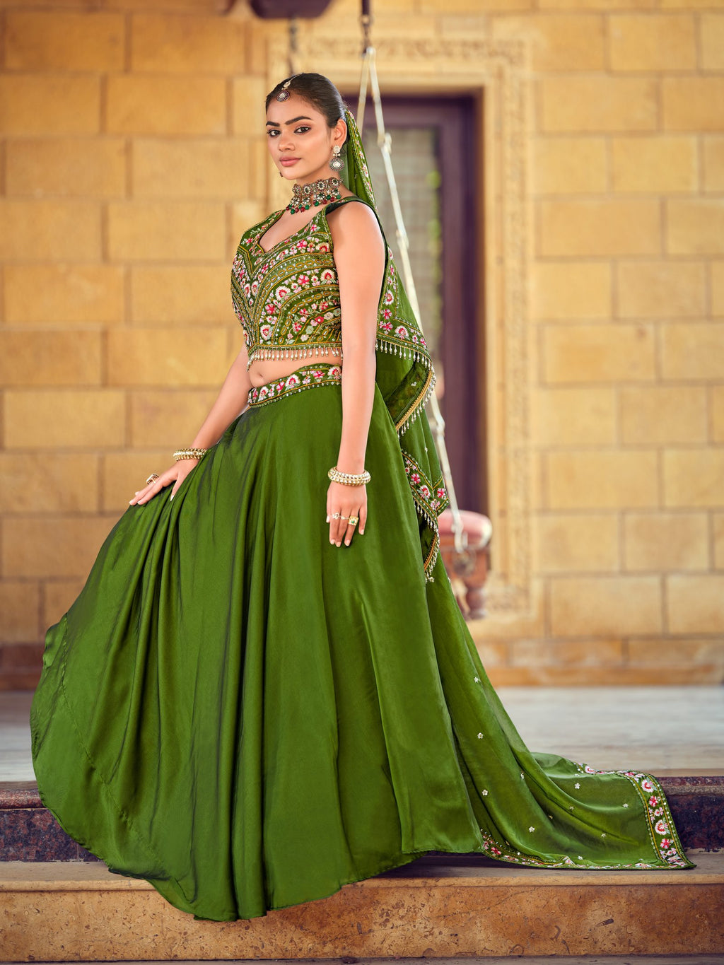 Green Embroidered Semi-Stitched Silk Lehenga Choli with Floral Thread Work Wedding & Festive Occasion