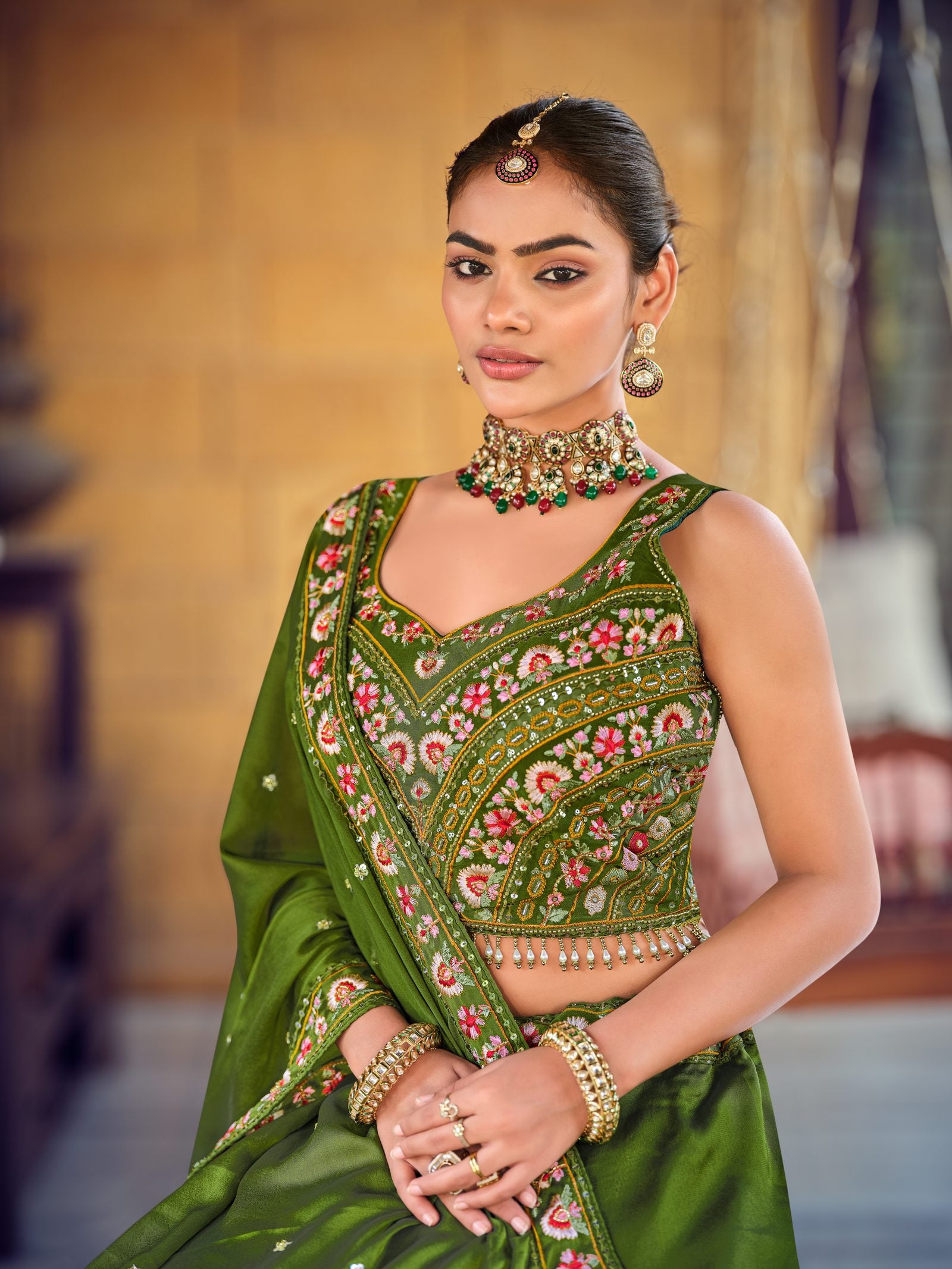 Green Embroidered Semi-Stitched Silk Lehenga Choli with Floral Thread Work Wedding & Festive Occasion