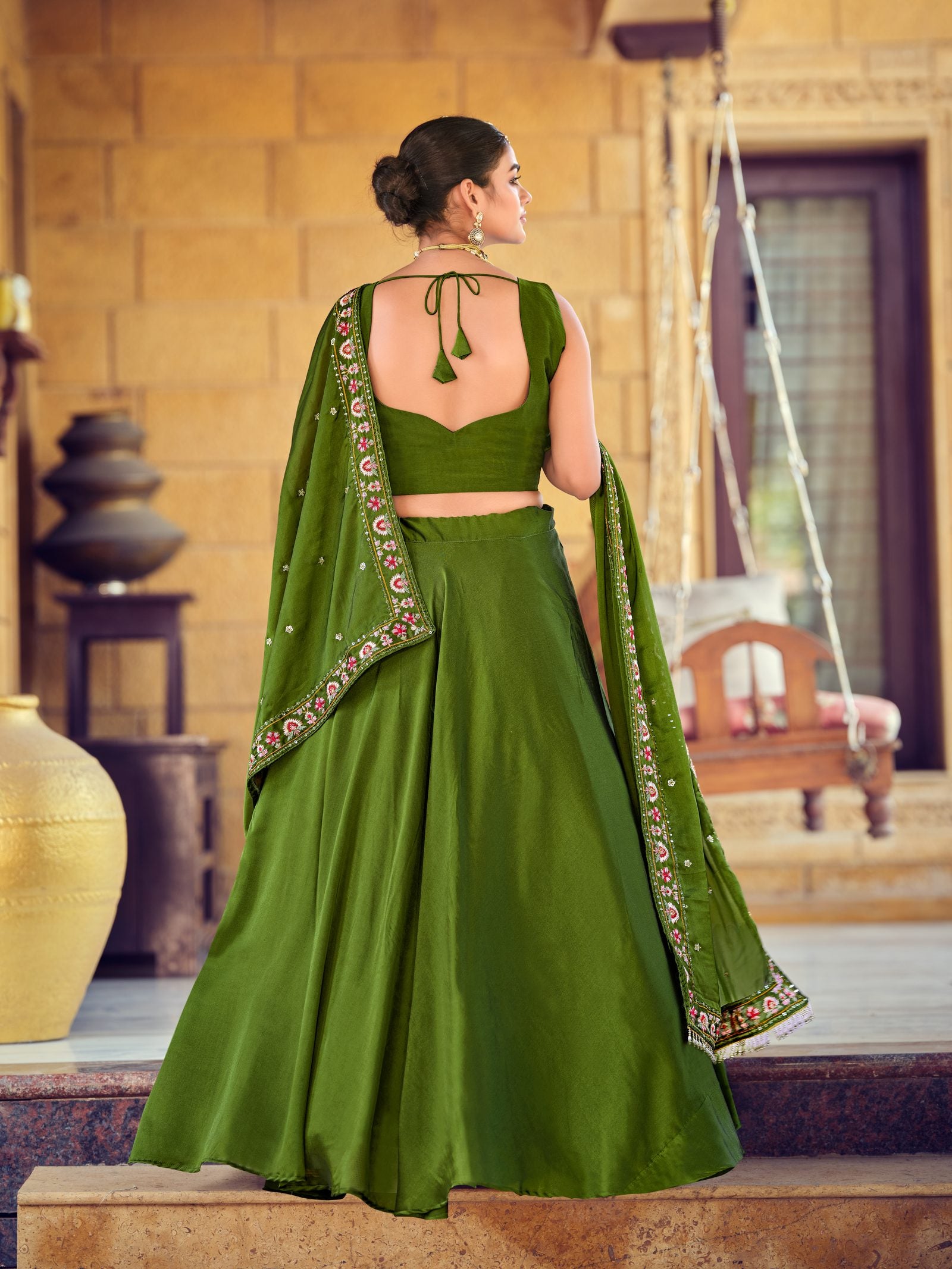 Green Embroidered Semi-Stitched Silk Lehenga Choli with Floral Thread Work Wedding & Festive Occasion