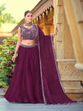 Wine Thread Work Embroidered Semi-Stitched Festive & Wedding Wear Silk Lehenga Choli Set with Dupatta