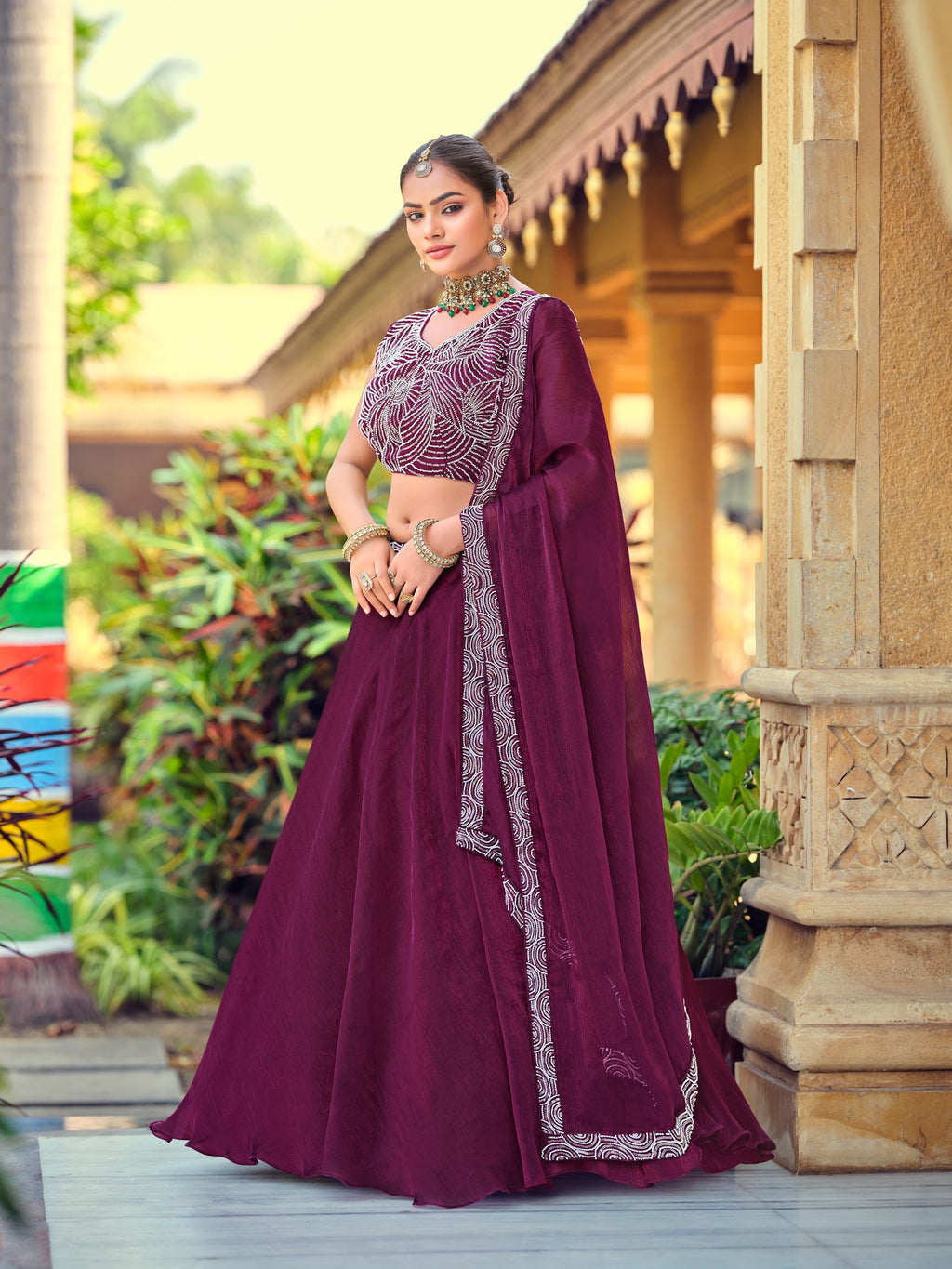 Wine Thread Work Embroidered Semi-Stitched Festive & Wedding Wear Silk Lehenga Choli Set with Dupatta