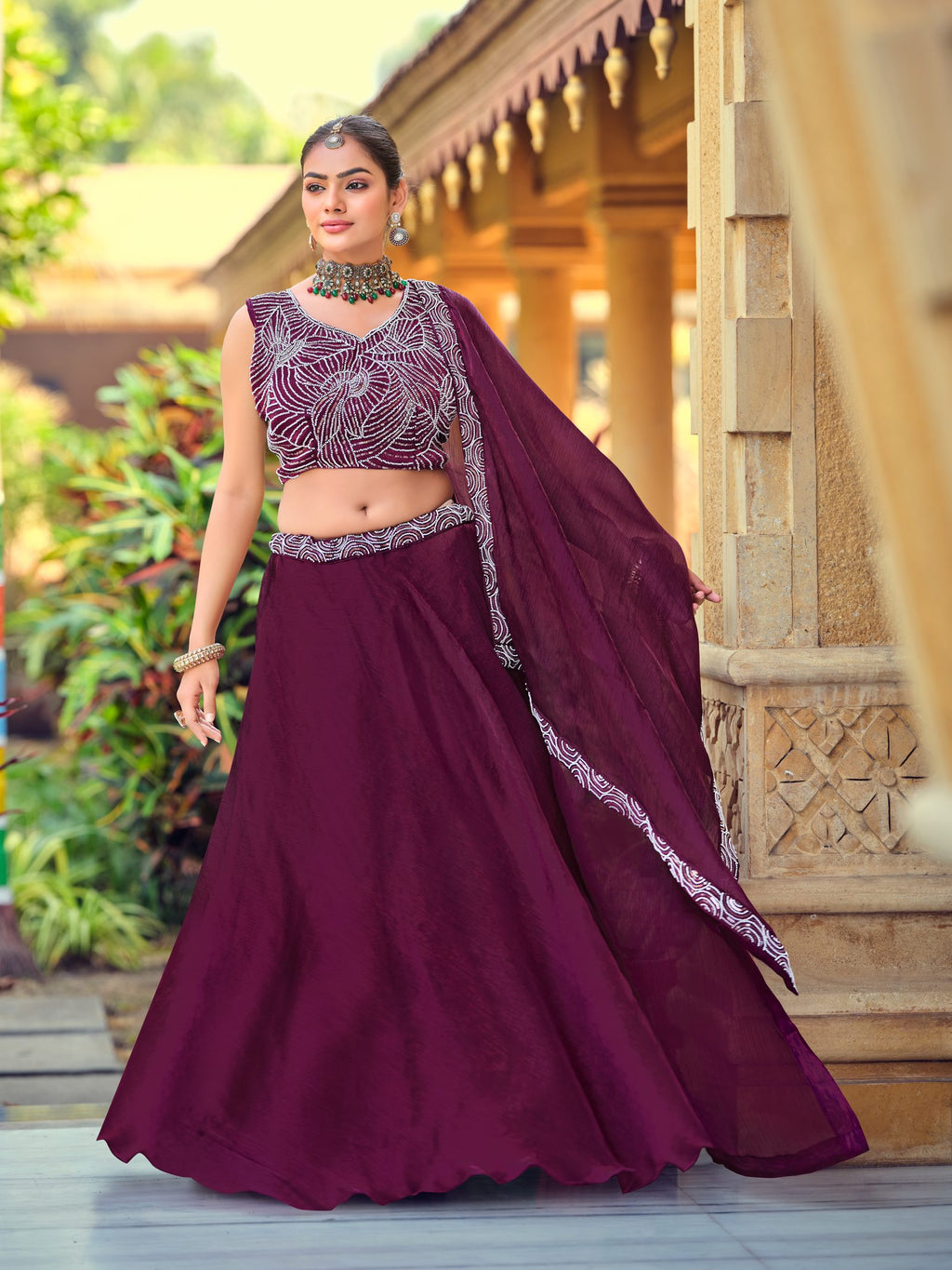 Wine Thread Work Embroidered Semi-Stitched Festive & Wedding Wear Silk Lehenga Choli Set with Dupatta