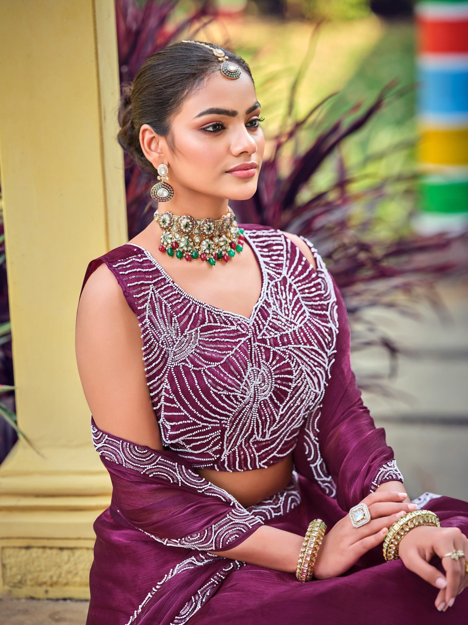 Wine Thread Work Embroidered Semi-Stitched Festive & Wedding Wear Silk Lehenga Choli Set with Dupatta