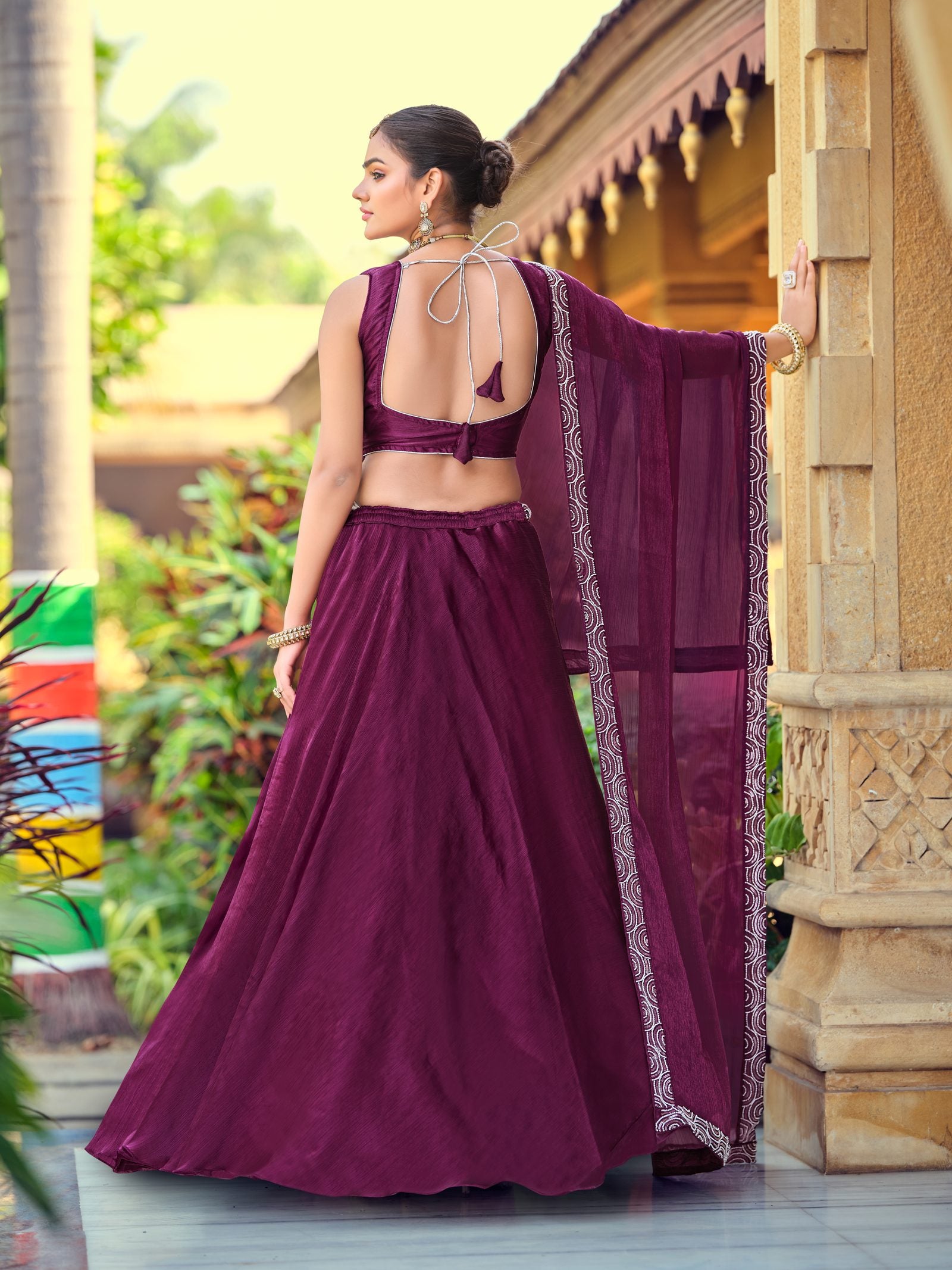 Wine Thread Work Embroidered Semi-Stitched Festive & Wedding Wear Silk Lehenga Choli Set with Dupatta