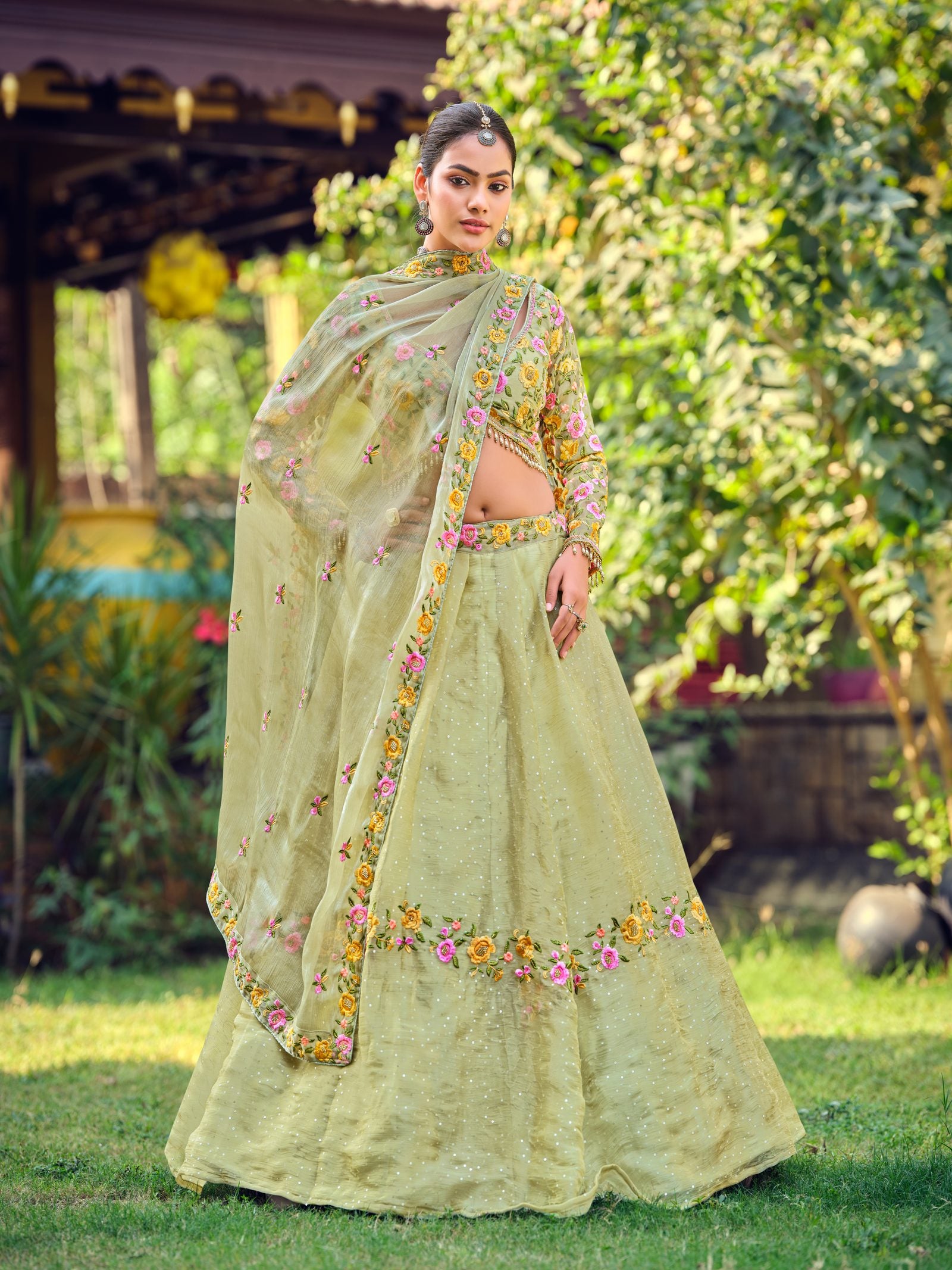 Pastel Green Semi-stitch Floral Embroidered Wedding & Festive Wear Silk Blend Lehenga Set