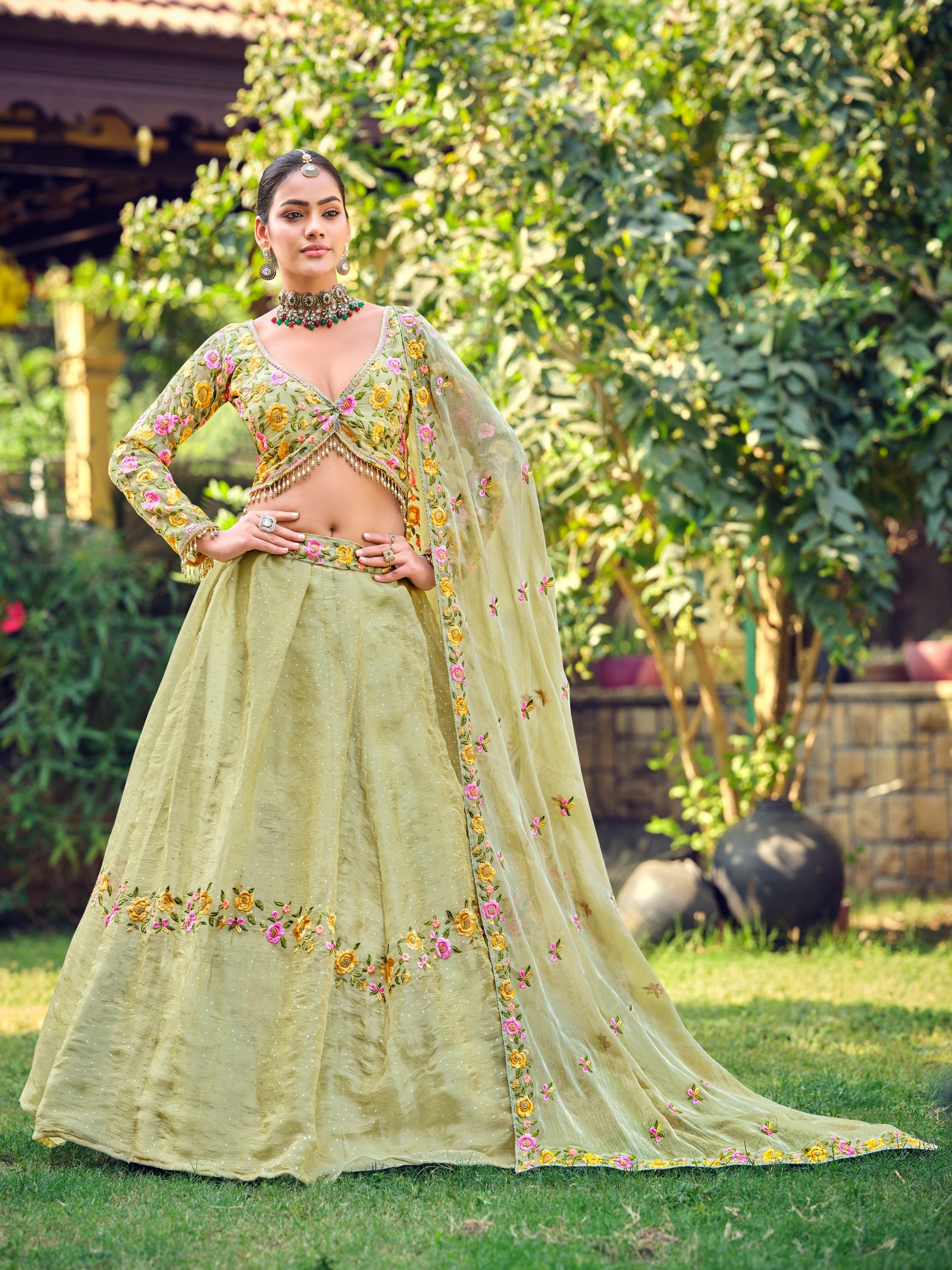 Pastel Green Semi-stitch Floral Embroidered Wedding & Festive Wear Silk Blend Lehenga Set