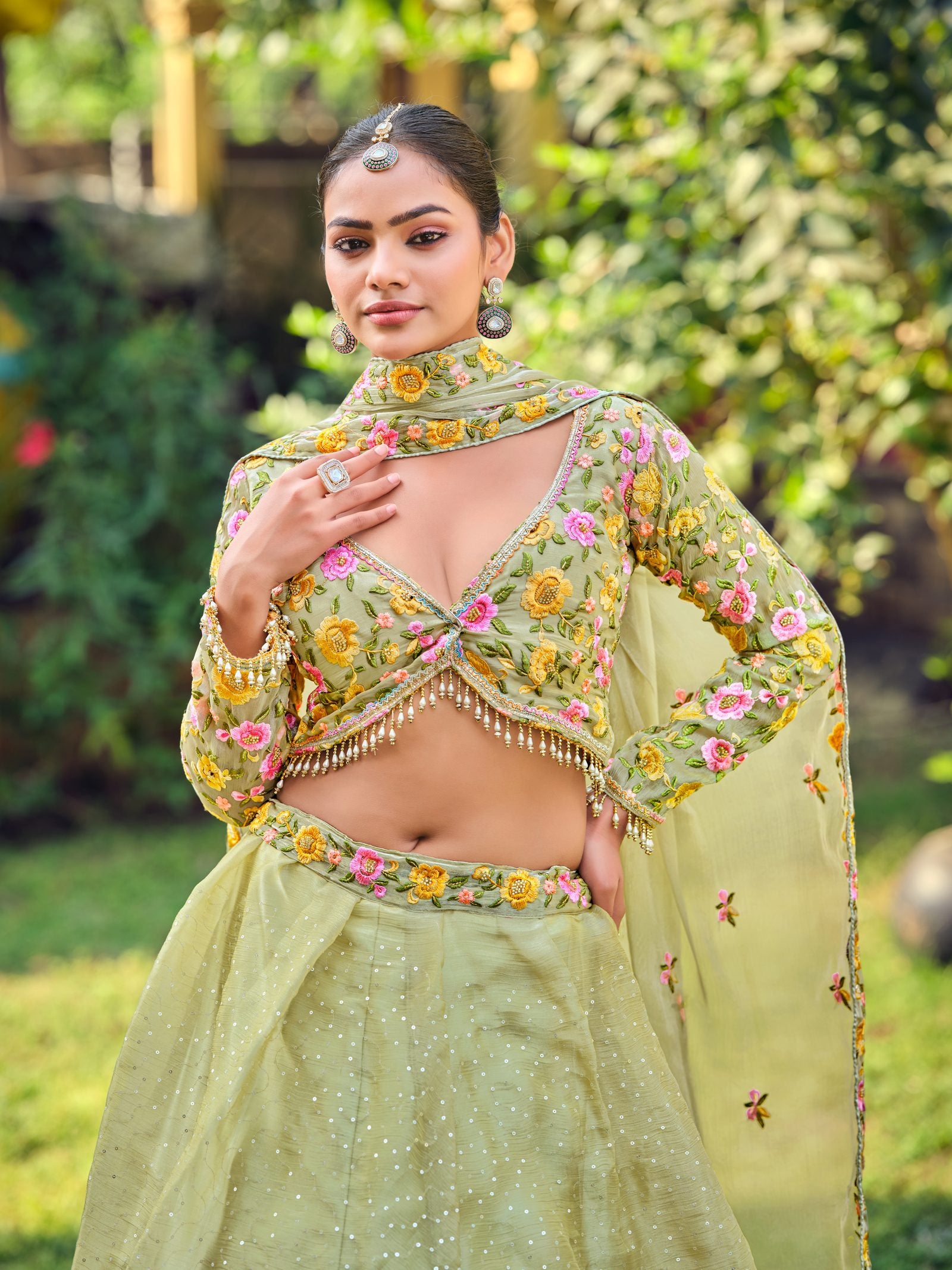 Pastel Green Semi-stitch Floral Embroidered Wedding & Festive Wear Silk Blend Lehenga Set