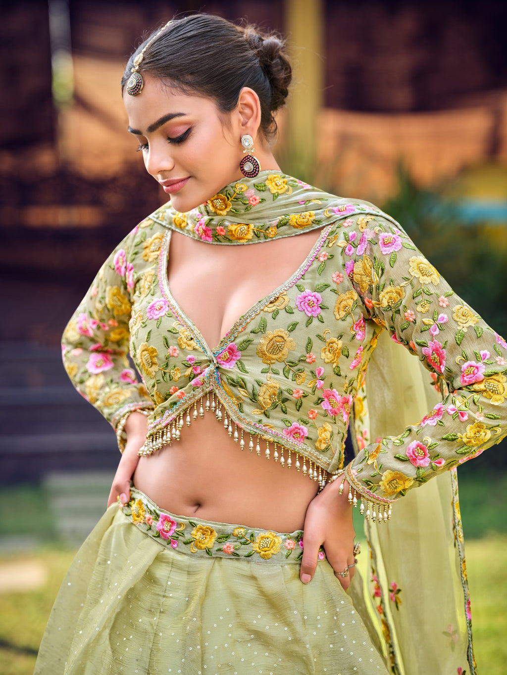 Pastel Green Semi-stitch Floral Embroidered Wedding & Festive Wear Silk Blend Lehenga Set