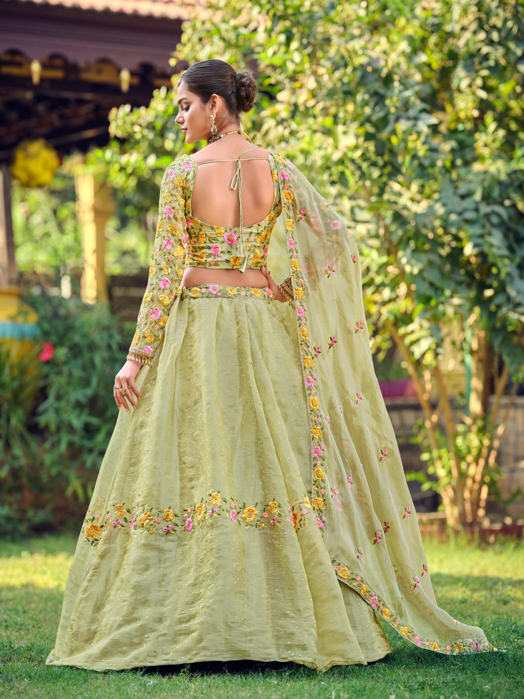 Pastel Green Semi-stitch Floral Embroidered Wedding & Festive Wear Silk Blend Lehenga Set