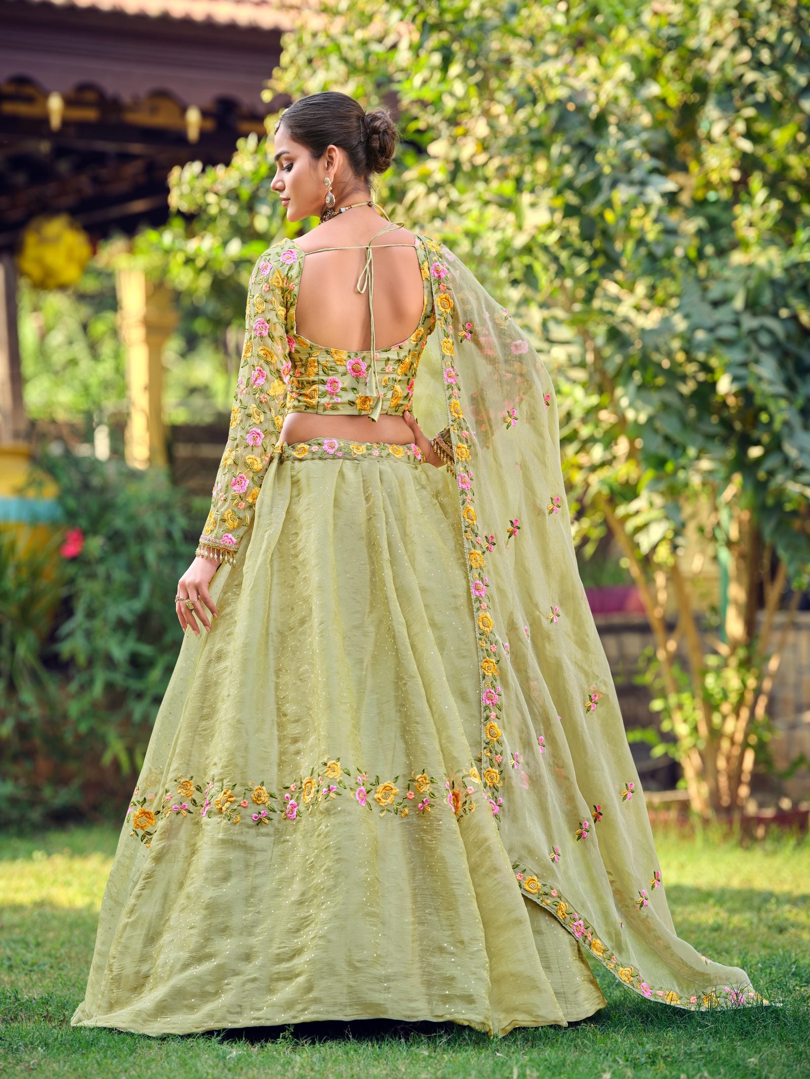 Pastel Green Semi-stitch Floral Embroidered Wedding & Festive Wear Silk Blend Lehenga Set