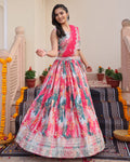 Pink & Teal Floral Printed Mirror Work Festive Wear Semi-Stitched Chinon Lehenga Choli Set