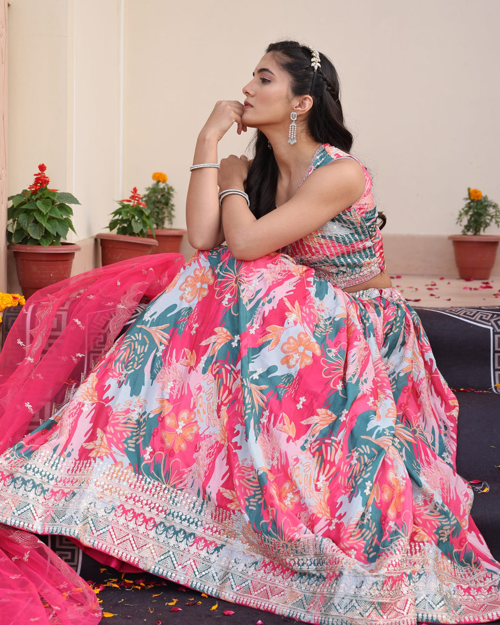 Pink & Teal Floral Printed Mirror Work Festive Wear Semi-Stitched Chinon Lehenga Choli Set