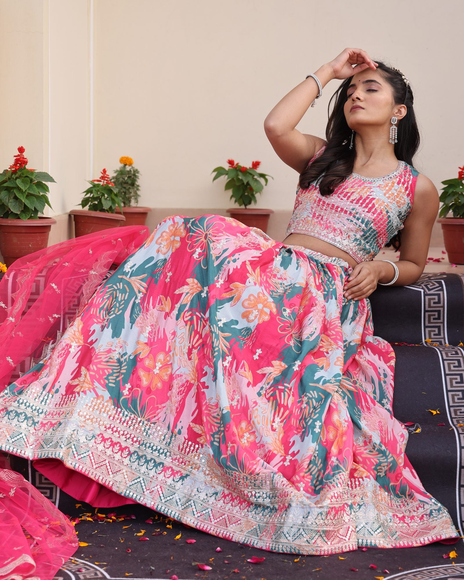 Pink & Teal Floral Printed Mirror Work Festive Wear Semi-Stitched Chinon Lehenga Choli Set