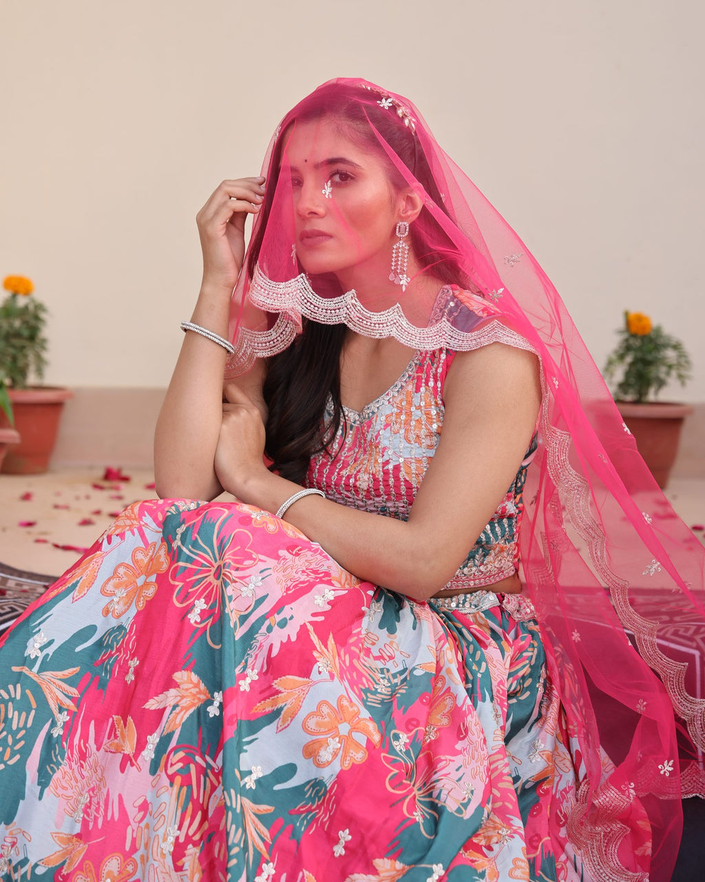 Pink & Teal Floral Printed Mirror Work Festive Wear Semi-Stitched Chinon Lehenga Choli Set