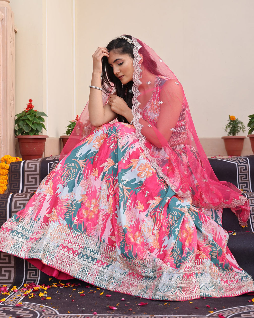 Pink & Teal Floral Printed Mirror Work Festive Wear Semi-Stitched Chinon Lehenga Choli Set