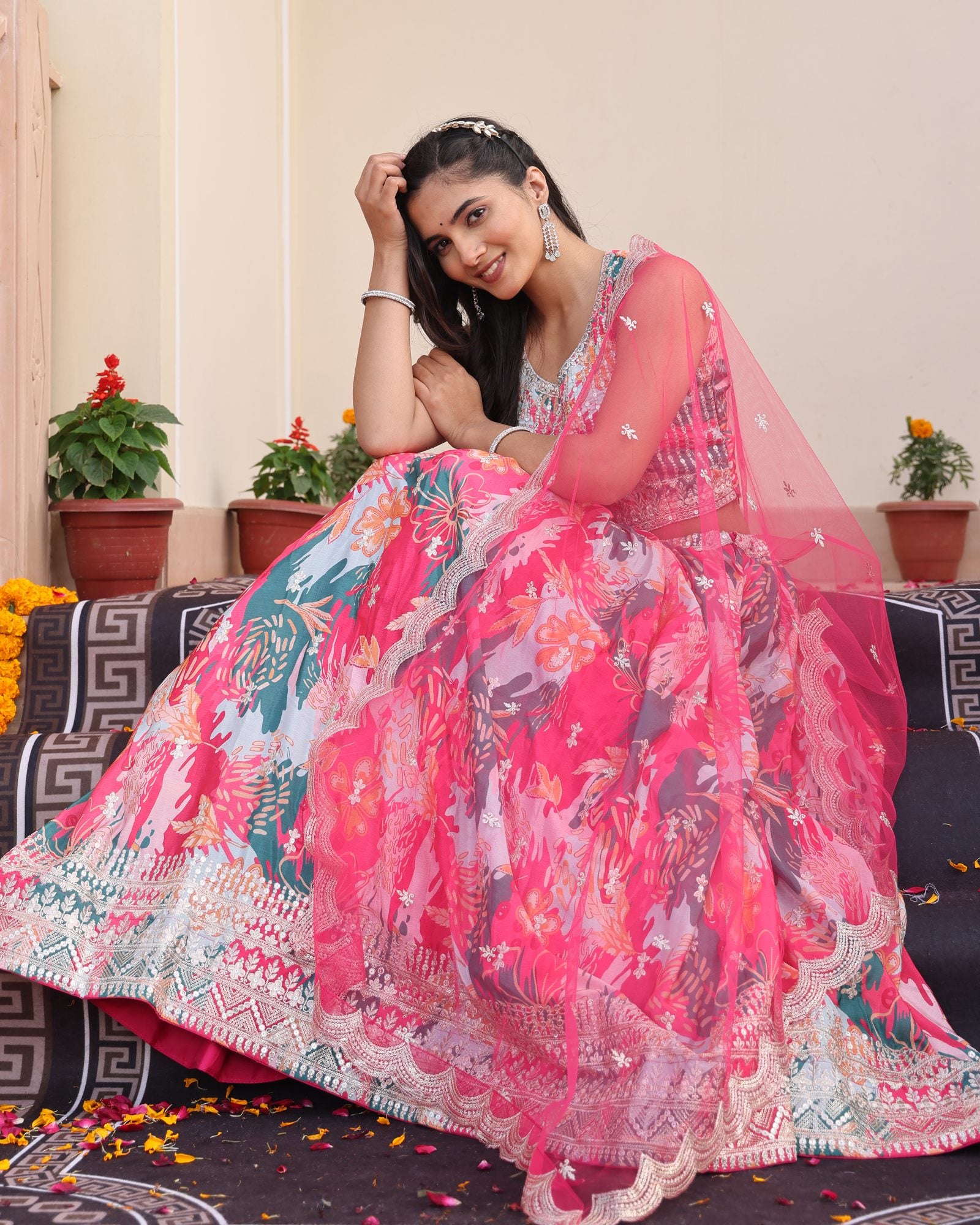 Pink & Teal Floral Printed Mirror Work Festive Wear Semi-Stitched Chinon Lehenga Choli Set