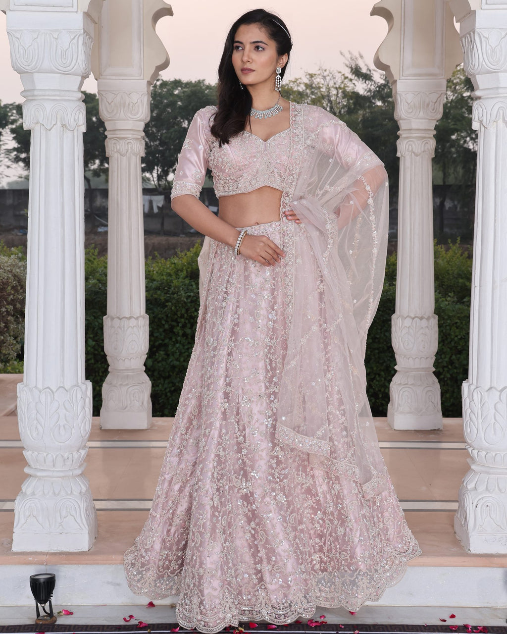 Wedding Wear Embroidered Blush Pink Semi-sticth Bridel Net Lehenga Choli with Sheer Dupatta