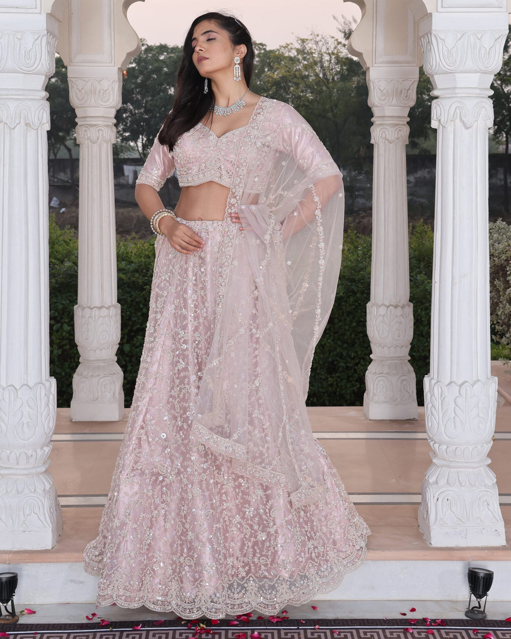 Wedding Wear Embroidered Blush Pink Semi-sticth Bridel Net Lehenga Choli with Sheer Dupatta
