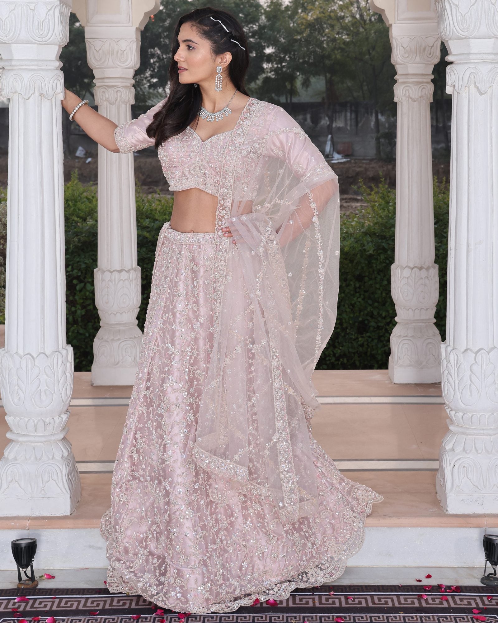 Wedding Wear Embroidered Blush Pink Semi-sticth Bridel Net Lehenga Choli with Sheer Dupatta