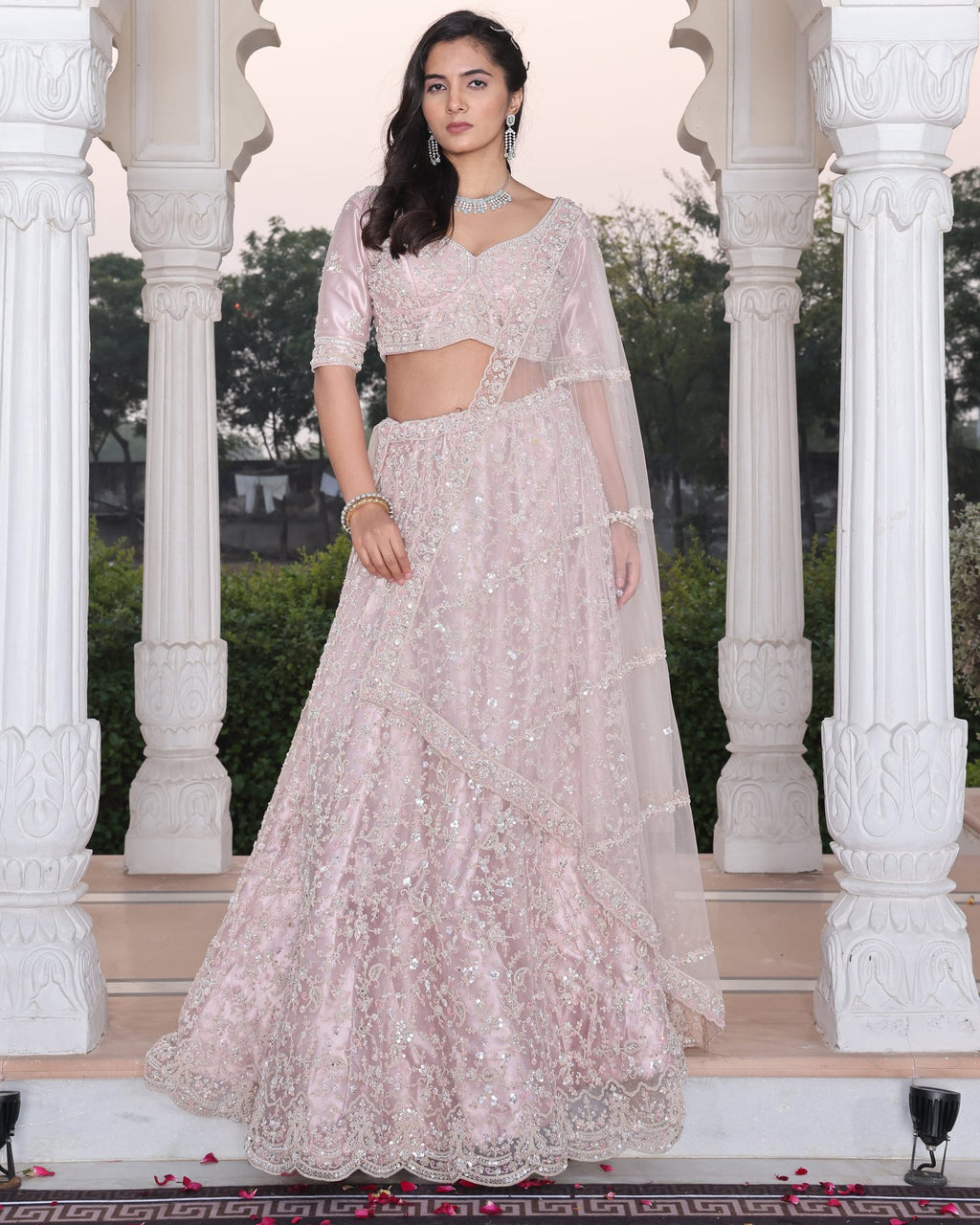 Wedding Wear Embroidered Blush Pink Semi-sticth Bridel Net Lehenga Choli with Sheer Dupatta