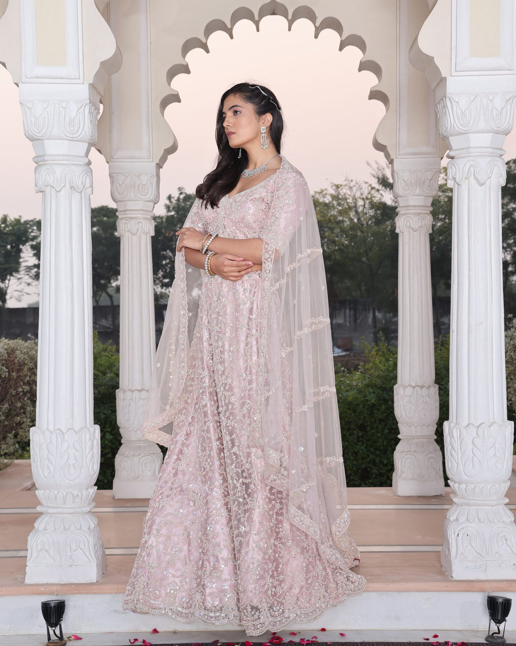 Wedding Wear Embroidered Blush Pink Semi-sticth Bridel Net Lehenga Choli with Sheer Dupatta