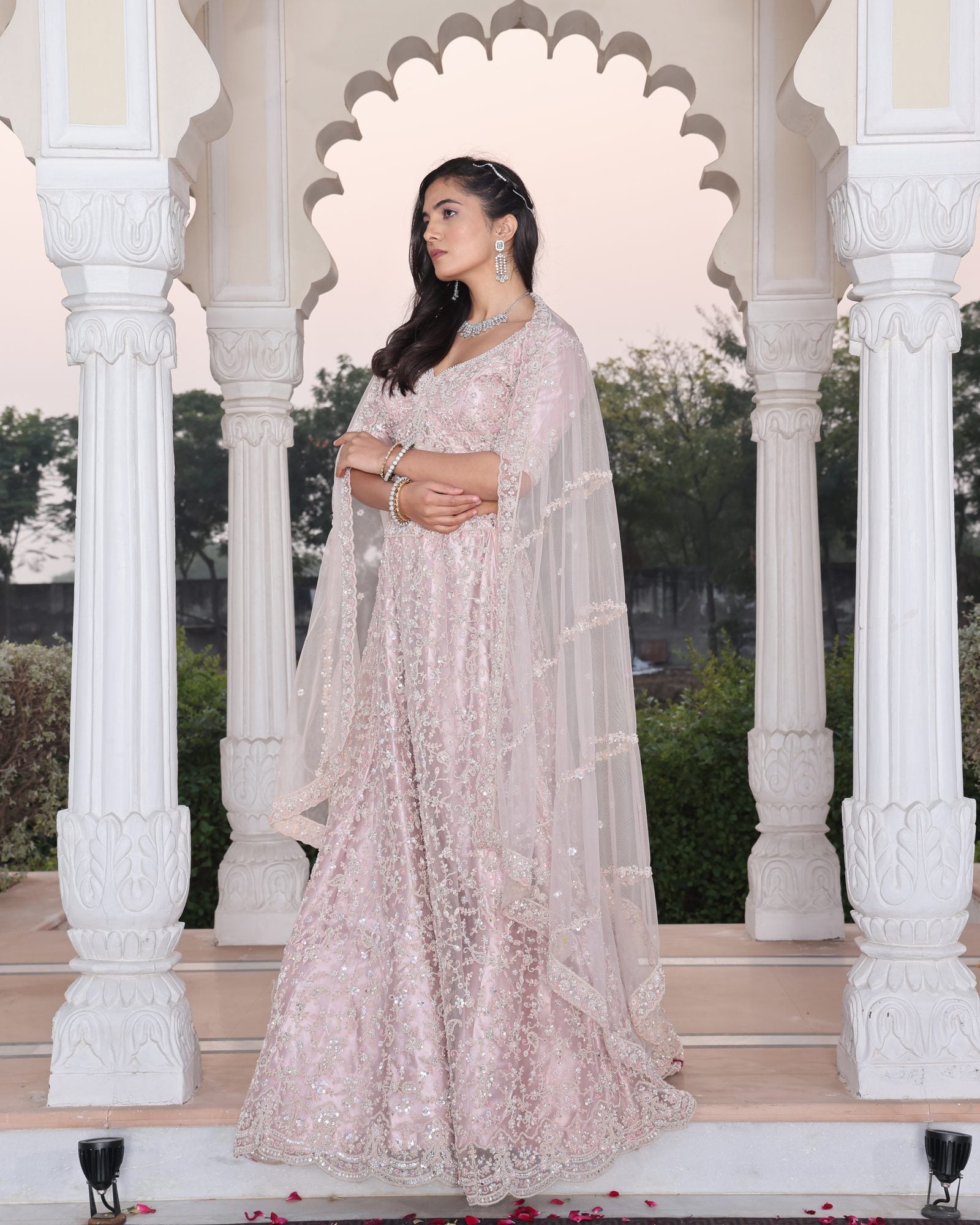 Wedding Wear Embroidered Blush Pink Semi-sticth Bridel Net Lehenga Choli with Sheer Dupatta