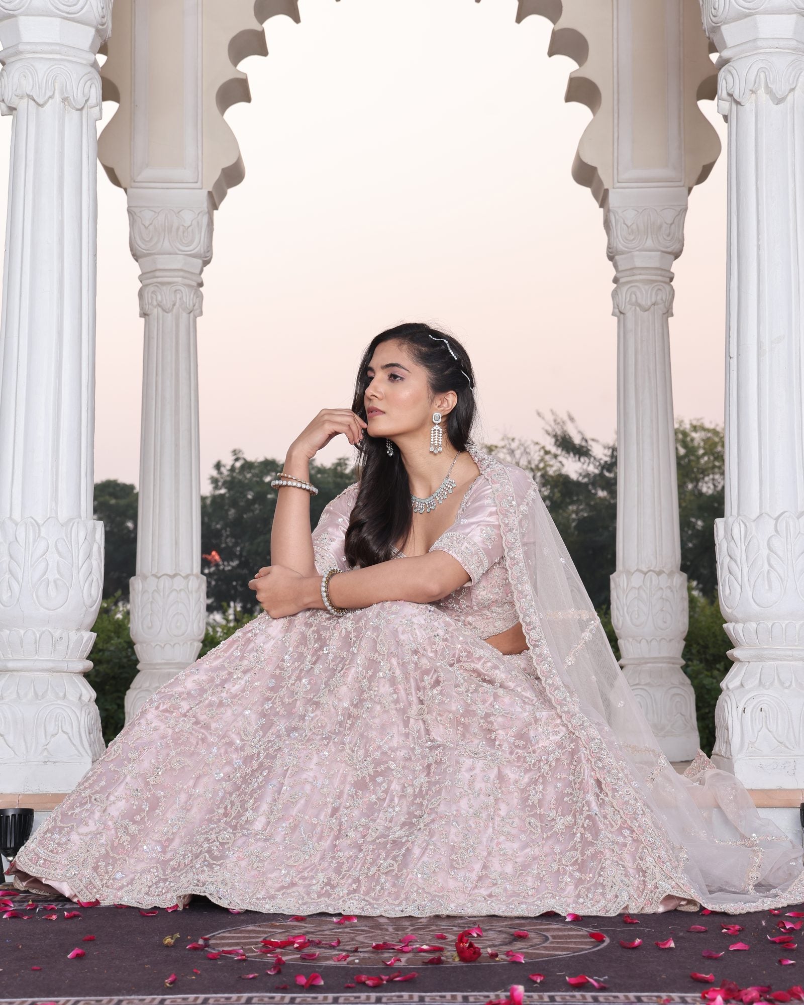 Wedding Wear Embroidered Blush Pink Semi-sticth Bridel Net Lehenga Choli with Sheer Dupatta