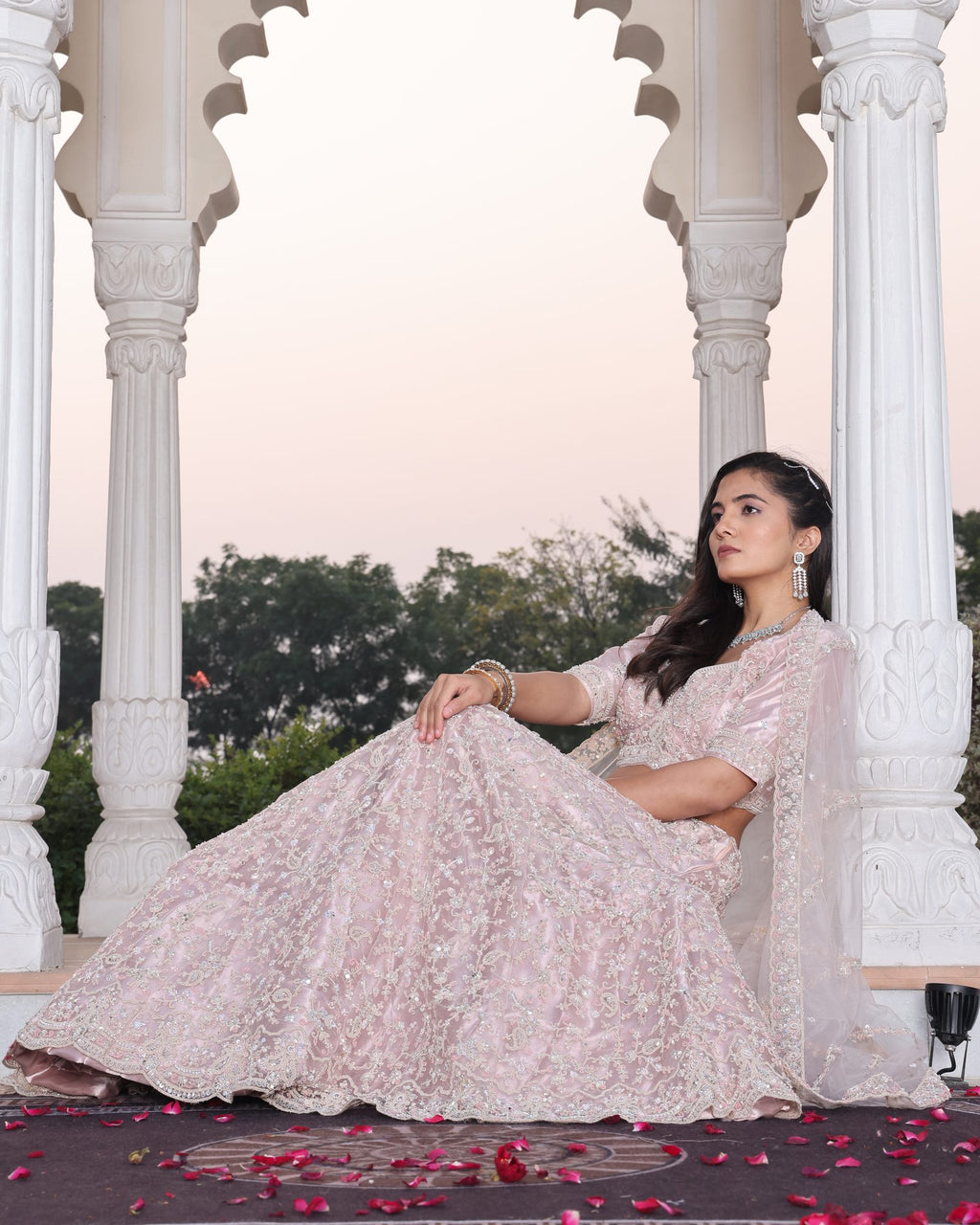 Wedding Wear Embroidered Blush Pink Semi-sticth Bridel Net Lehenga Choli with Sheer Dupatta